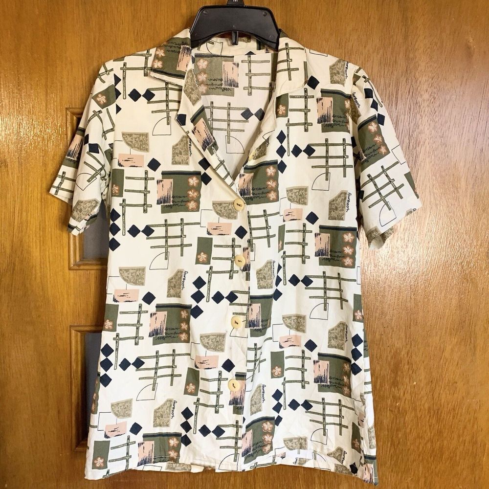 (S/M) Abstract Vintage Women's Button-Up - Artistic Artsy Hip Geometric Cream